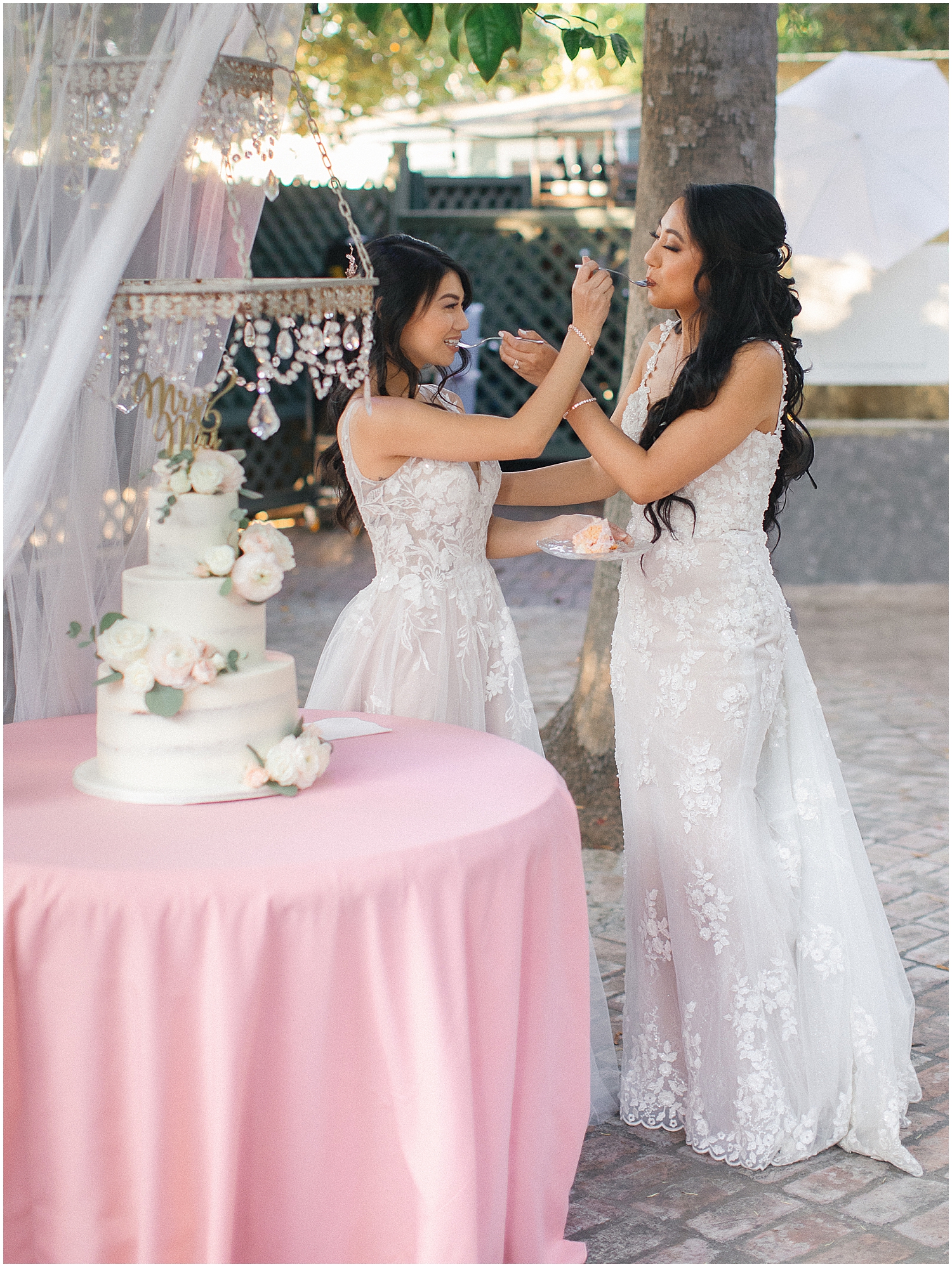 Dusty pink and ivory wedding decor at Christmas House Inn LGBTQ+ wedding.