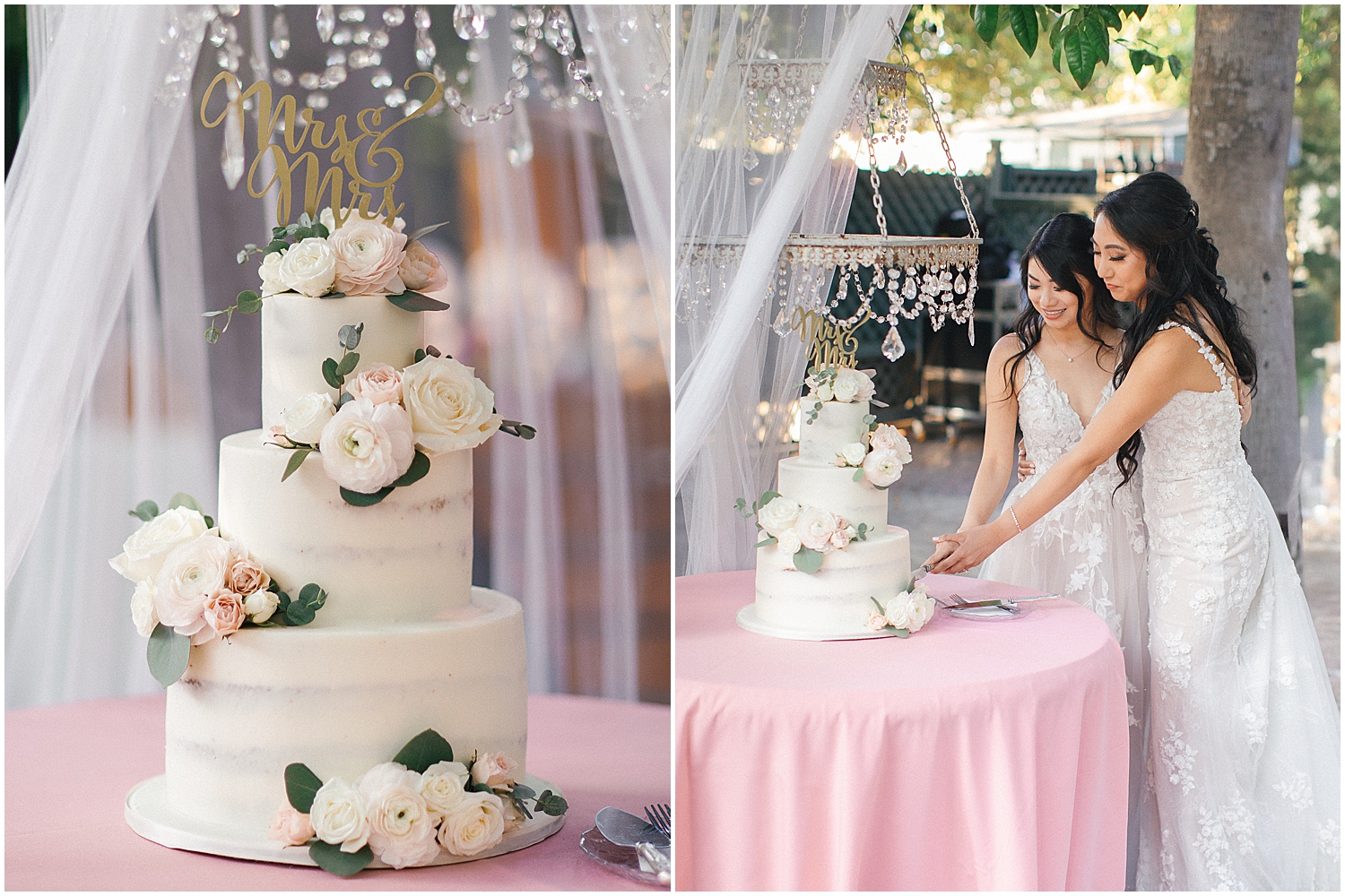Dusty pink and ivory wedding decor at Christmas House Inn LGBTQ+ wedding.
