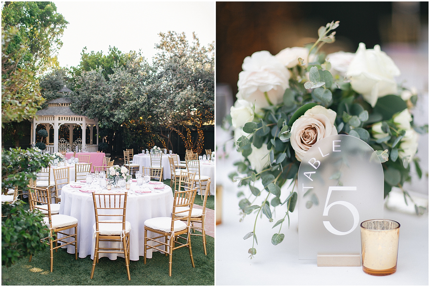 Dusty pink and ivory wedding decor at Christmas House Inn LGBTQ+ wedding.