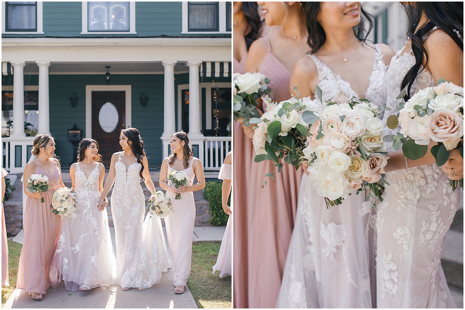 Brides share a joyful moment at their whimsical garden wedding in Southern California.