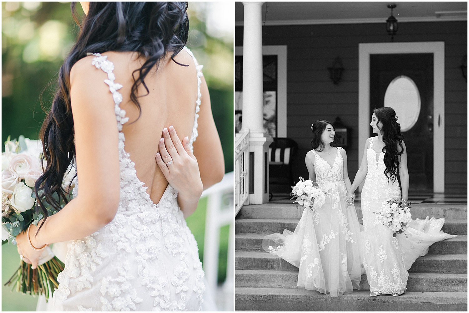 Brides share a joyful moment at their whimsical garden wedding in Southern California.