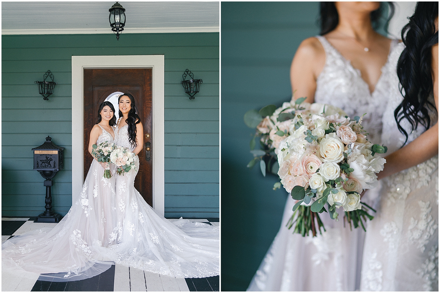 Brides share a joyful moment at their whimsical garden wedding in Southern California.