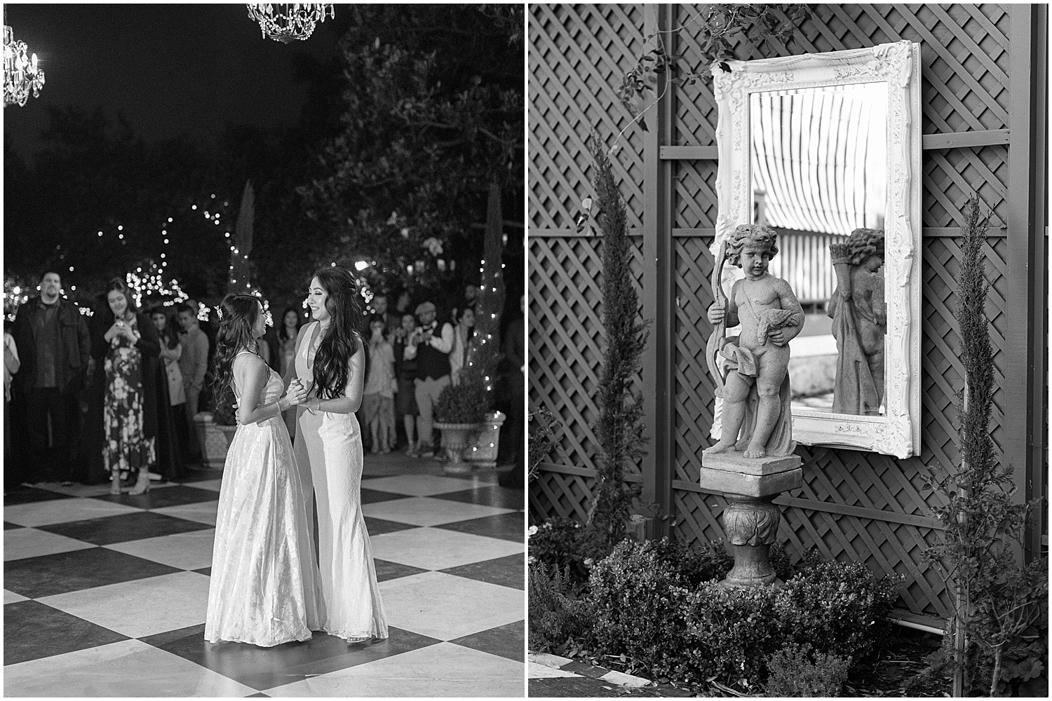 Romantic first dance under twinkling lights at an intimate LGBTQ+ wedding.