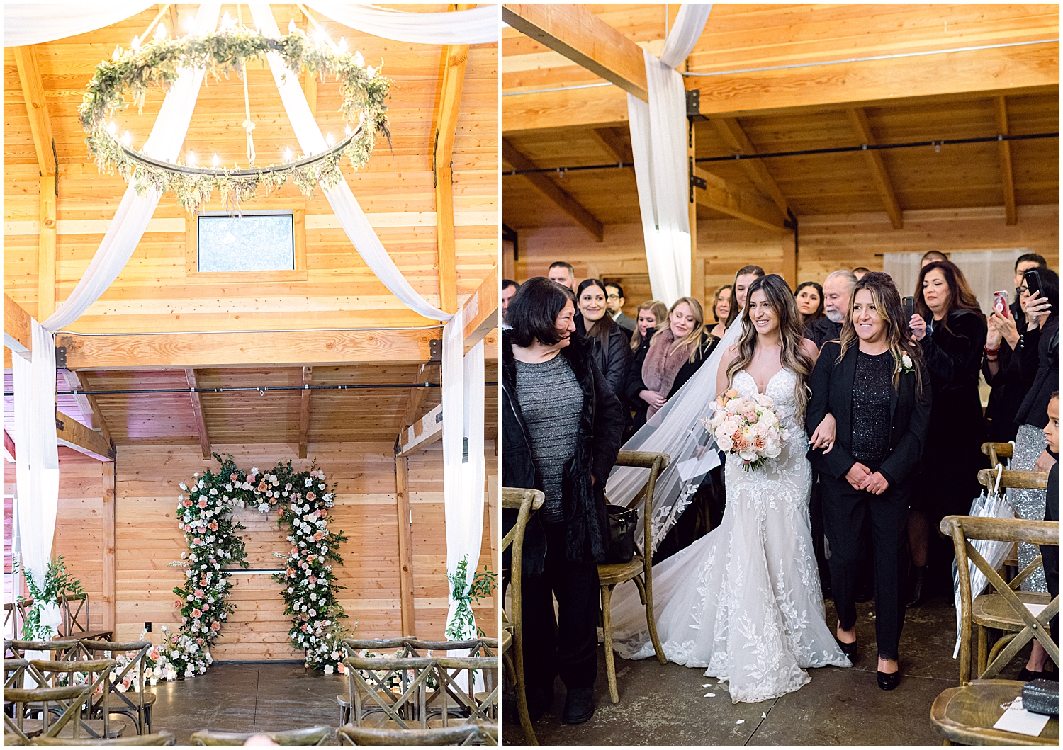 Elegant mountain wedding ceremony at Serendipity Garden with soft winter florals.