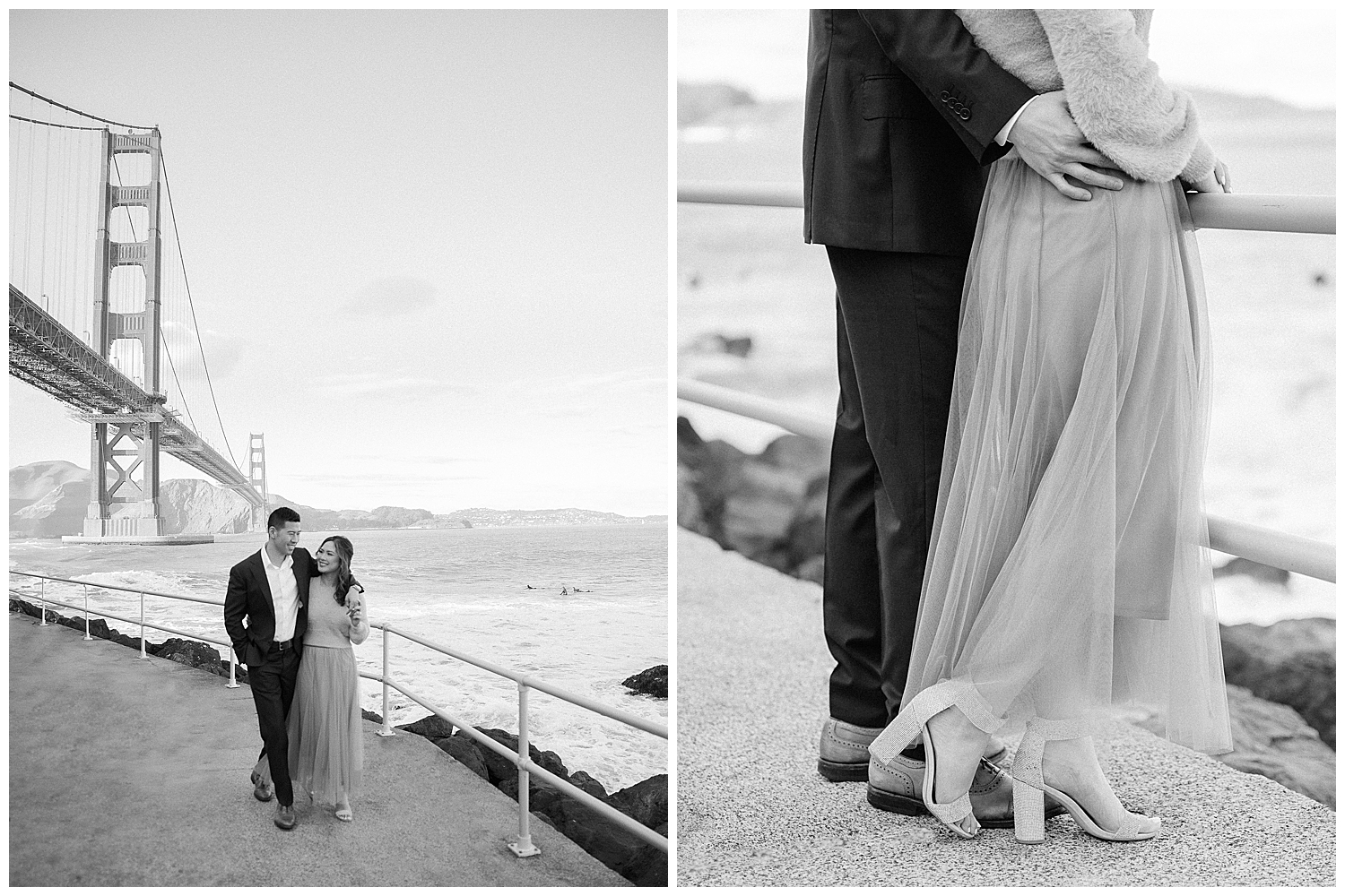 Romantic San Francisco engagement photo in front of the Golden Gate Bridge at Crissy Field.