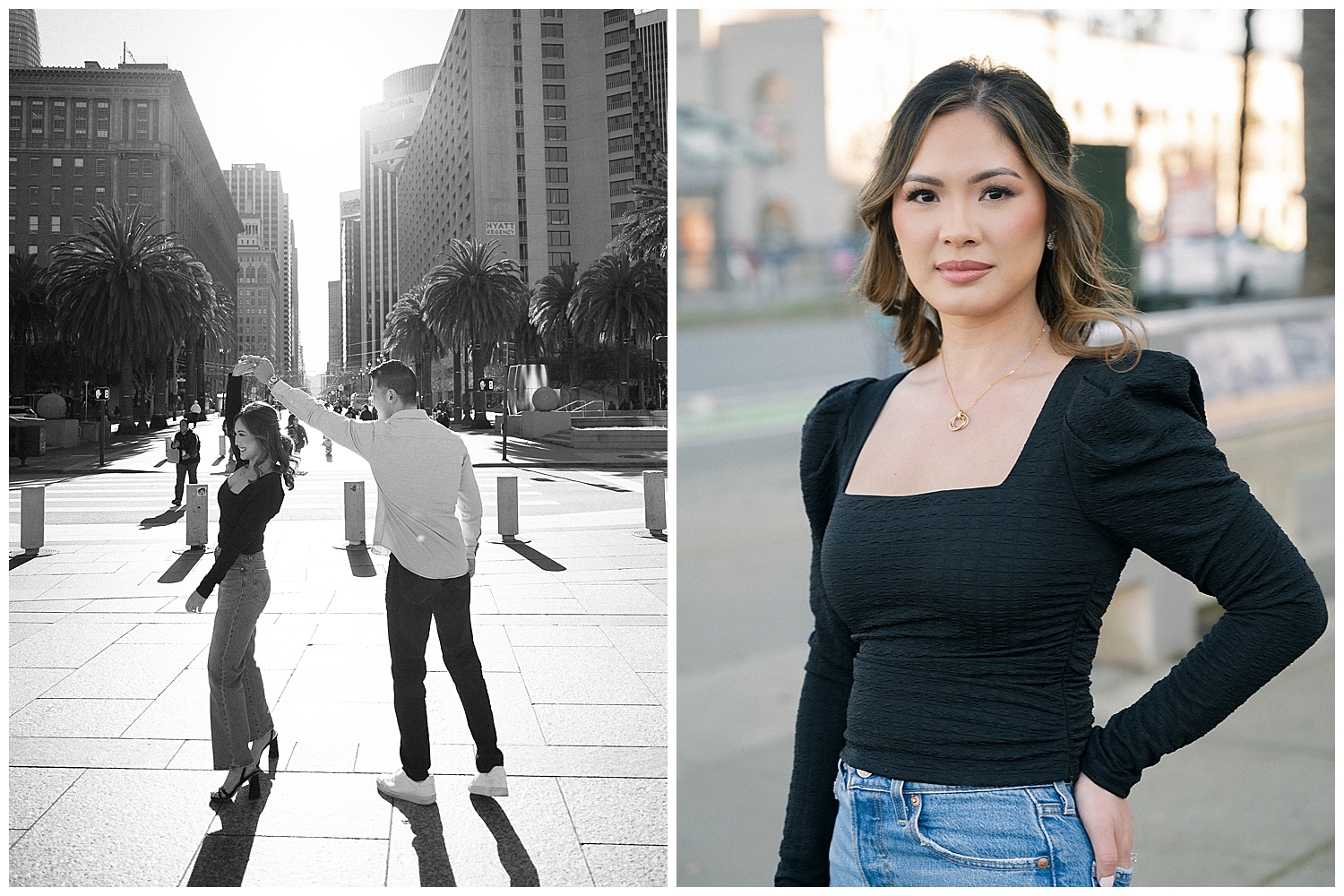 Romantic San Francisco engagement photo session near the Ferry Building with City Views.