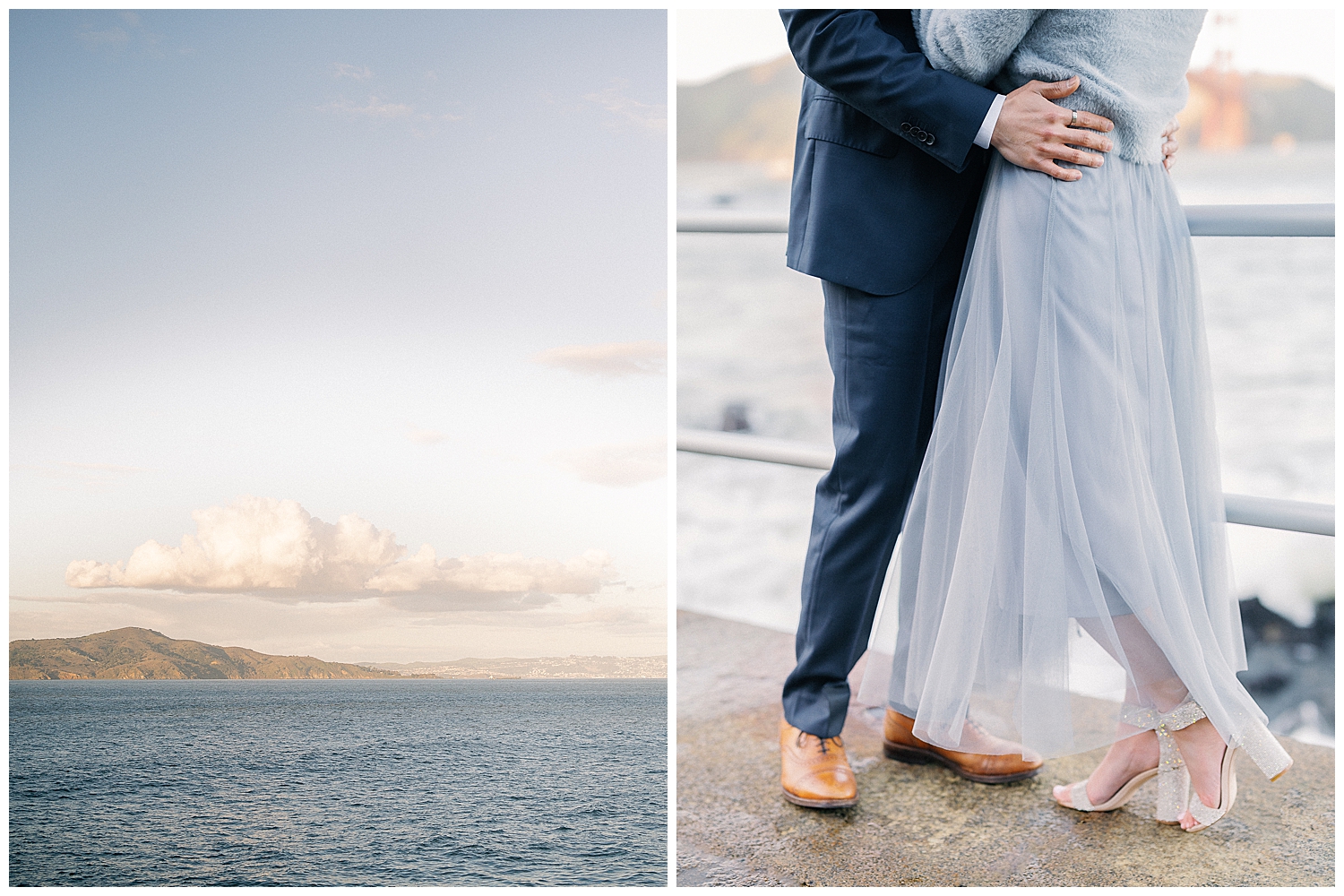 Romantic San Francisco engagement photo in front of the Golden Gate Bridge at Crissy Field.