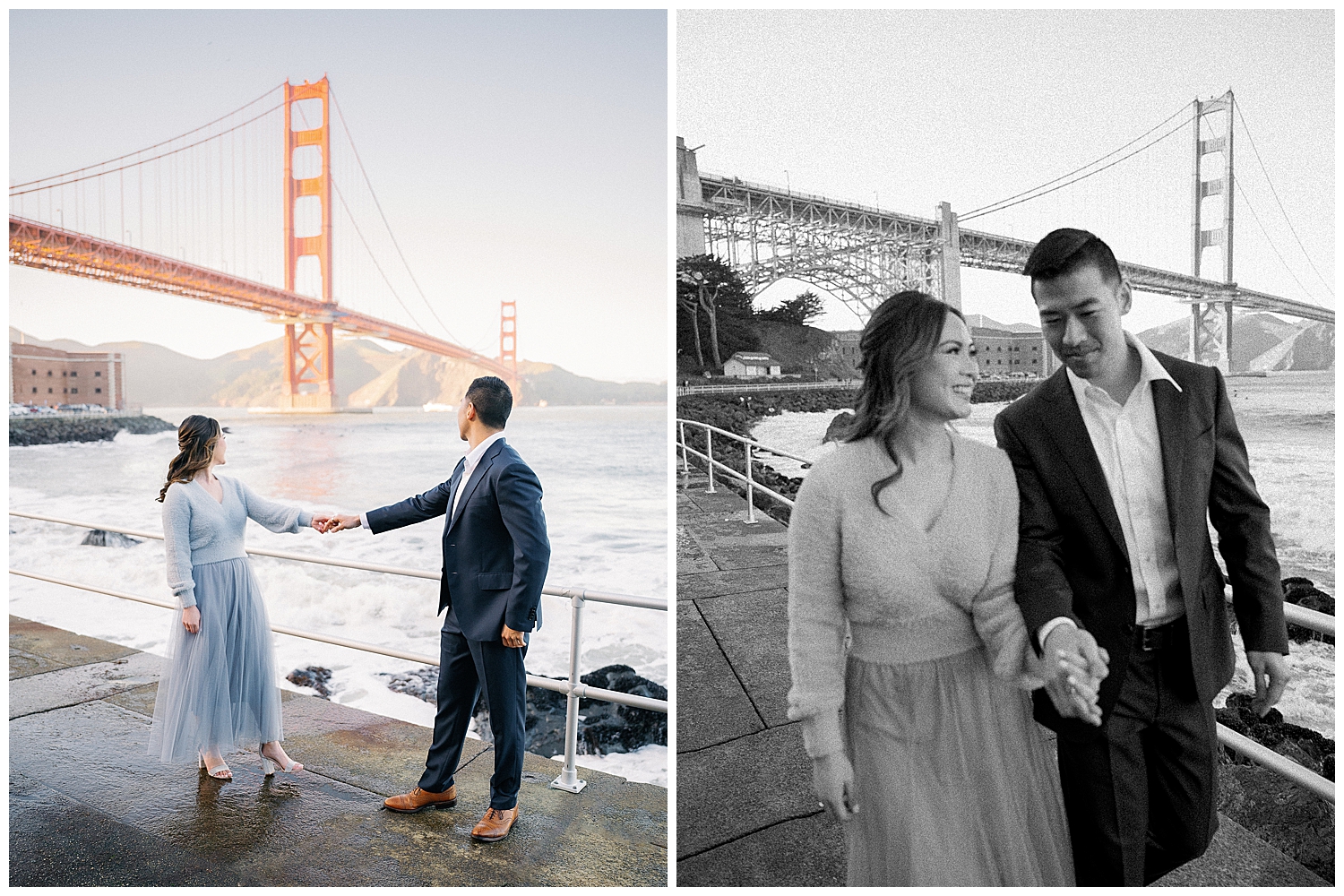 Romantic San Francisco engagement photo in front of the Golden Gate Bridge at Crissy Field.