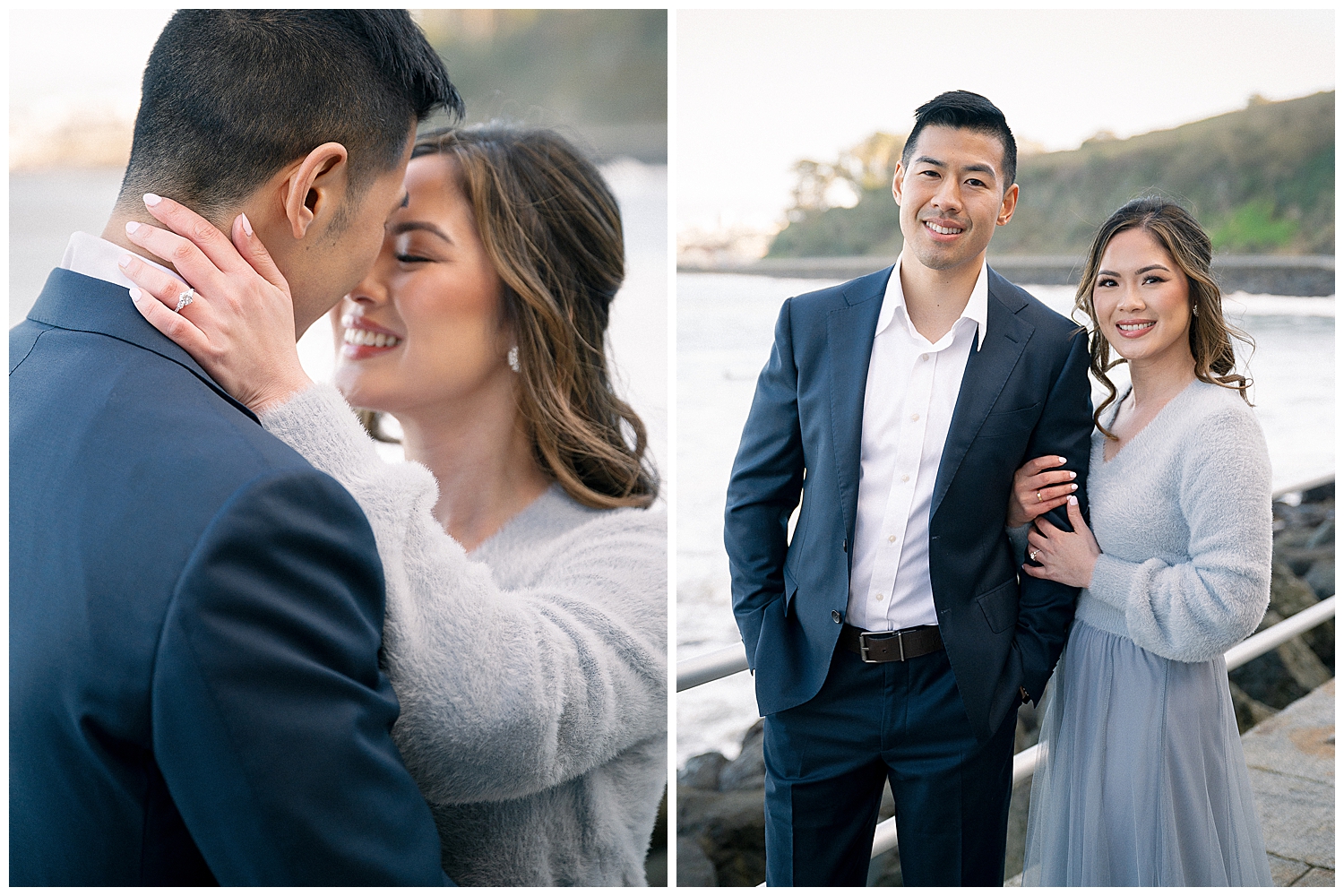 Romantic San Francisco engagement photo in front of the Golden Gate Bridge at Crissy Field.