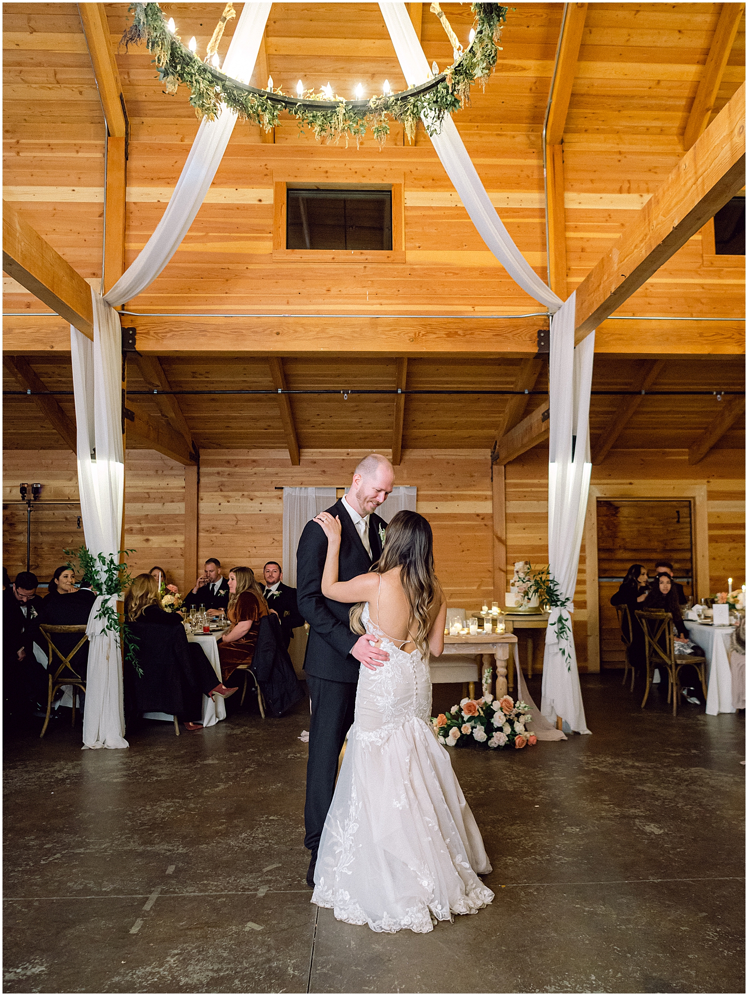 Serendipity Garden wedding reception under twinkling lights and mountain views.