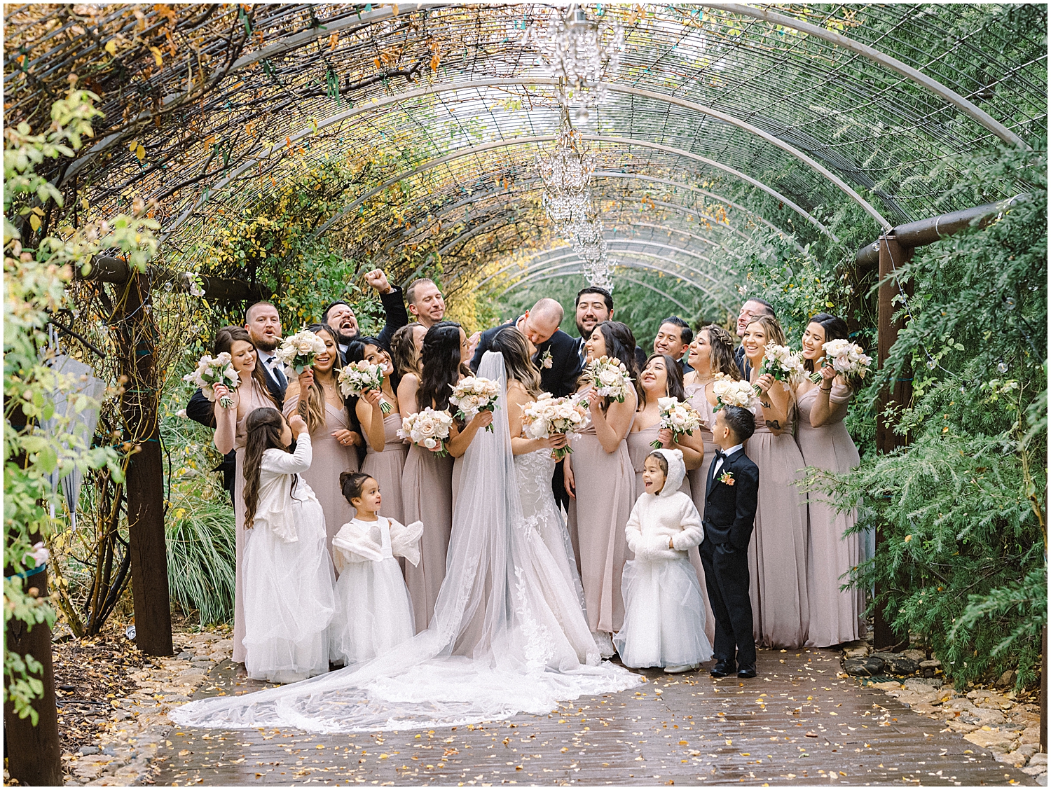 Serendipity Garden wedding reception under twinkling lights and mountain views.