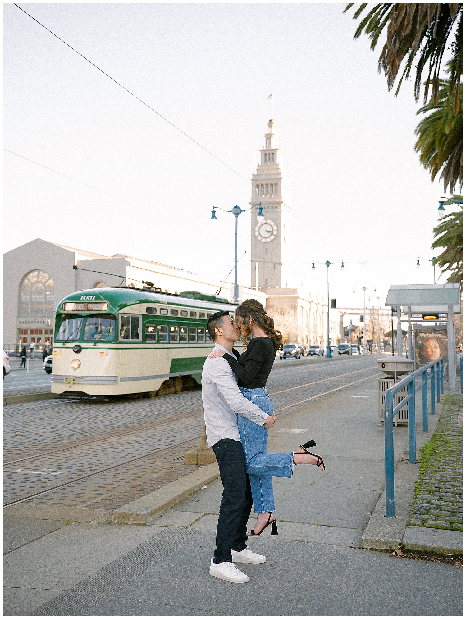 Romantic San Francisco engagement photo session near the Ferry Building with Cable Car.